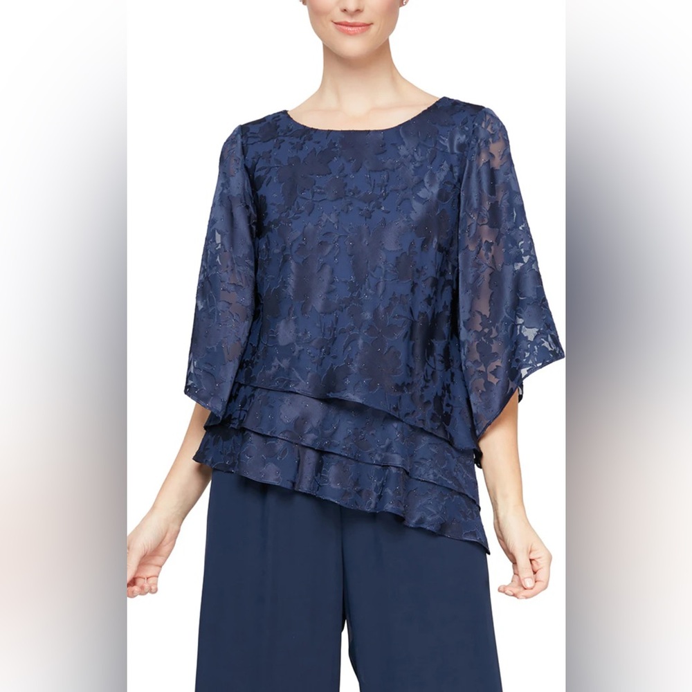 Alex Evenings Navy Floral Burnout print boatneck Blouse 3/4sleeves & sparkle M